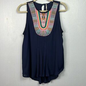 Nine 1 Eight Navy Blue Embroidered Sleeveless Top Large
